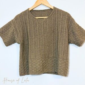 Textured Taupe Knit Top – Minimalist Short Sleeve Sweater, Neutral Essential